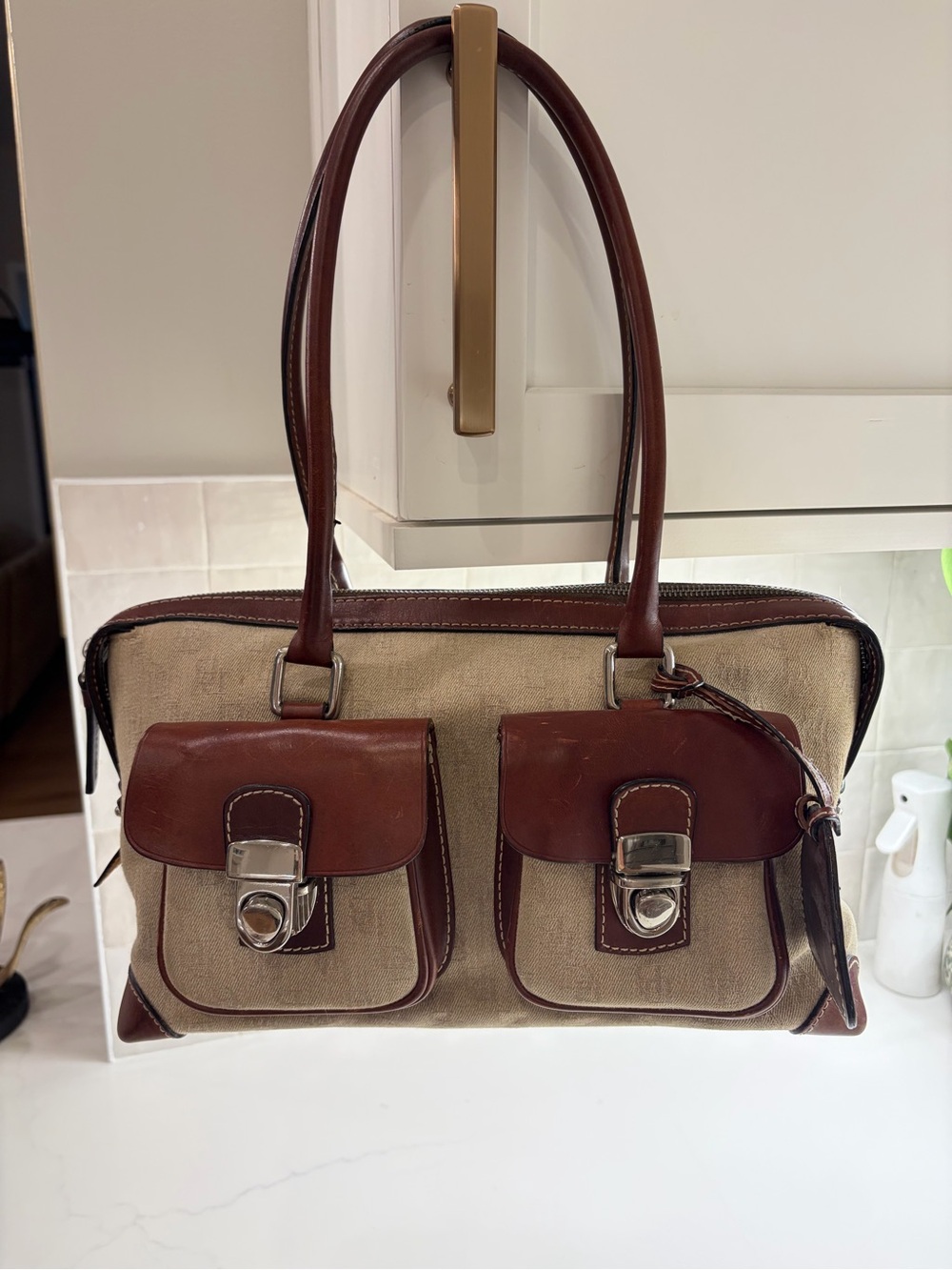 Vintage Dooney & Bourke Signature Double Pocket Tote in Taupe